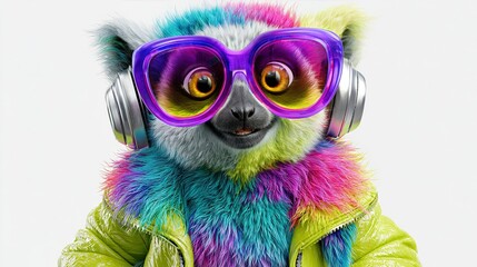 Fototapeta premium Colorful lemur wearing sunglasses and headphones. Fun animal portrait with vibrant style.
