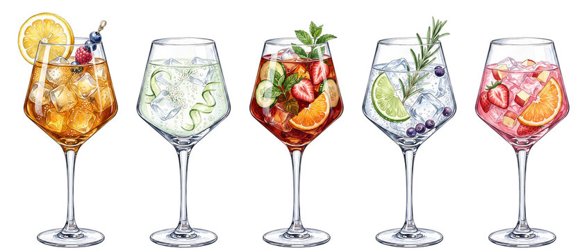 watercolor cocktail illustration set with iced tea elderflower mint spritz gin tonic pimms cup and pink sangria in stemmed wine glasses 