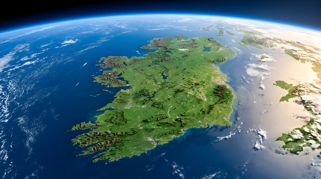 Satellite view of the island of ireland surrounded by the atlantic ocean and the irish sea