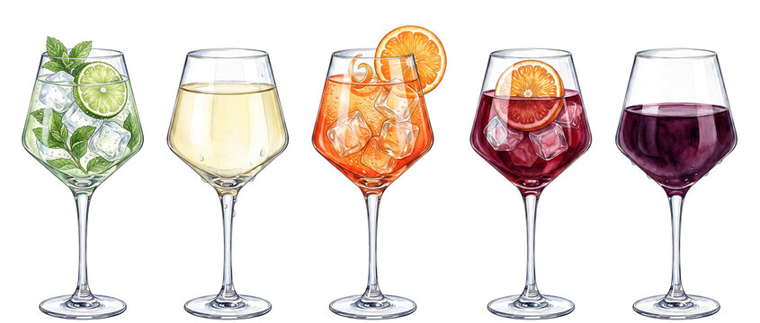 watercolor wine and spritz cocktail illustration set with hugo spritz white wine aperol spritz red sangria and red wine in stemmed glasses 