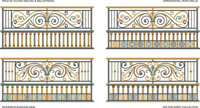 Ornamental iron railings and gilded balustrade vector designs