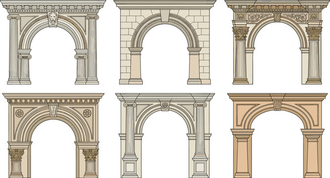Set of six classical architectural arches with ornate columns, keystones, and decorative moldings