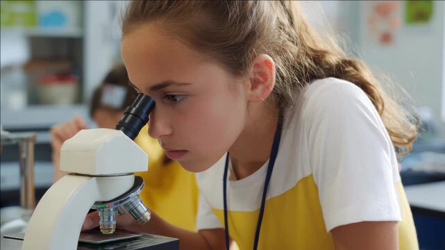 Girl examines specimen through microscope in lab. Focused, she leans close to observe details. Scientific setting implies learning or discovery. Bright room shows educational environment