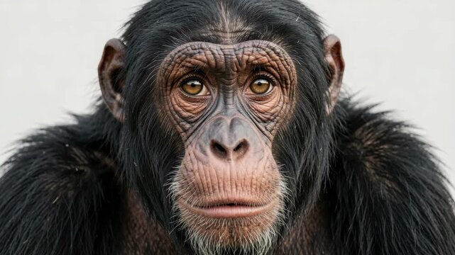 A detailed of a chimpanzee with expressive features and fur details.