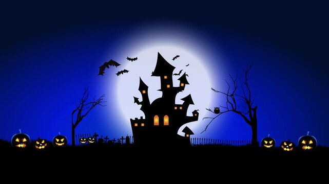 Halloween Haunted House with Full Moon, Flying Bats and Glowing Pumpkins 4K Animated Background
