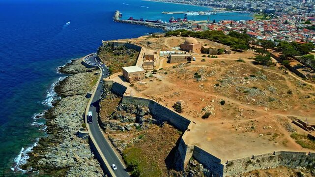 Aerial view of the historic Fortezza of Rethymno fortress on the coast of Rethymno, Crete, Greece.