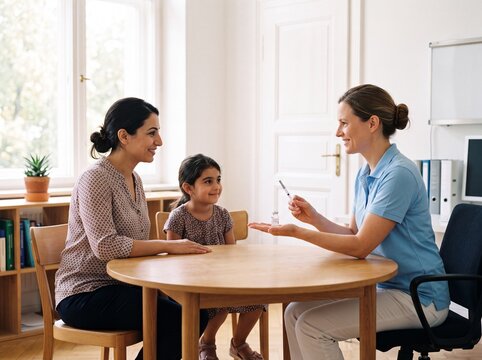 &Auml;rztin erkl&auml;rt Mutter und Tochter die Impfung im Sprechzimmer