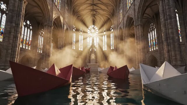 Surreal scene of large white and red origami paper boats floating in the flooded nave of a historic Gothic cathedral with dramatic sun rays and misty light.