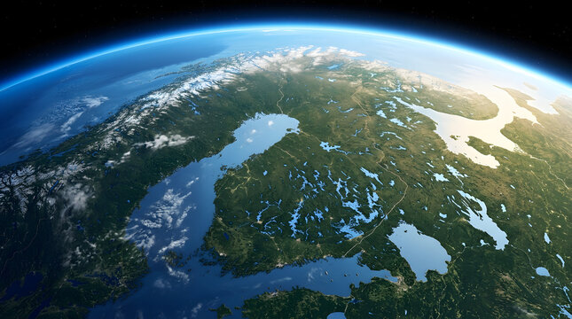 A stunning aerial view of scandinavia and the nordic countries from space showing the curvature of earth