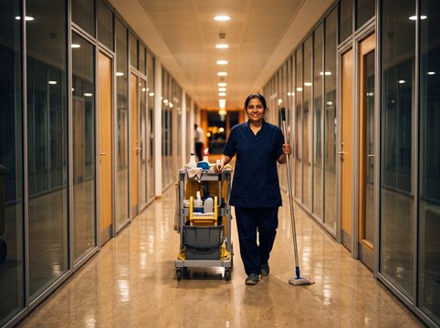 Reinigungskraft schiebt Reinigungswagen durch B&uuml;rogeb&auml;ude nachts