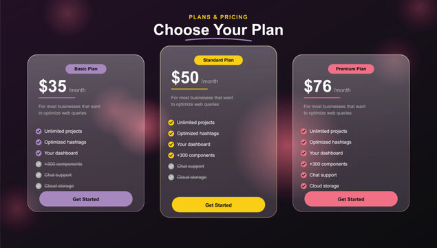 Modern website pricing table template with three subscription plans featuring dark background design and colorful buttons for professional business software service packages