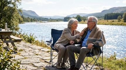 Fototapeta premium Elderly couple sharing a warm moment by the river, woman tucking blanket around husband