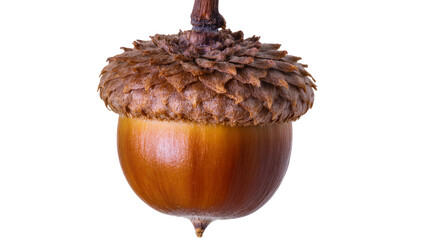 Isolated close-up studio shot of a single brown oak acorn with cap, natural autumn harvest © Oisin