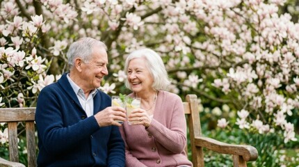 Fototapeta premium Joyful elderly couple toasting with lemonade on a bench under a blooming magnolia tree