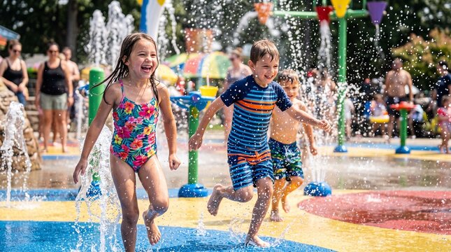 Summer Fun at the Splash Pad: Children's laughter echoes as they splash and play through colorful water jets at a lively water park, creating joyous summer memories.