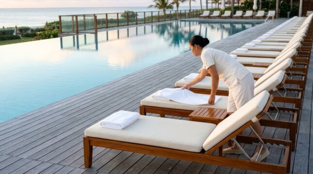 Hotel worker arranges towels on poolside loungers at dawn, creating a serene, orderly resort atmosphere.
