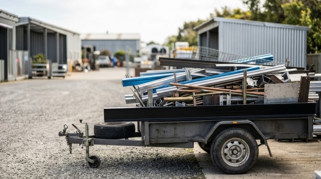 Scrap metal trailer loaded with materials in an industrial yard, copy space on left, bright daylight