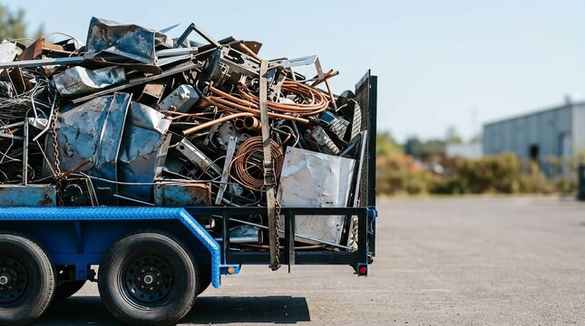 Scrap Metal Trailer Loaded with Recycled Materials in Industrial Yard with Copy Space