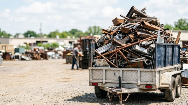 Overloaded trailer brimming with scrap metal in a sunny industrial yard, offering ample copy space for commercial use