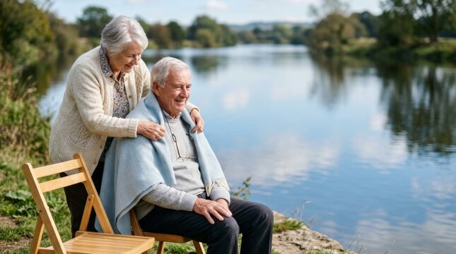 Elderly couple sharing a tender moment by a river, wife comforting husband with a warm blanket, symbolizing care and companionship in aging.