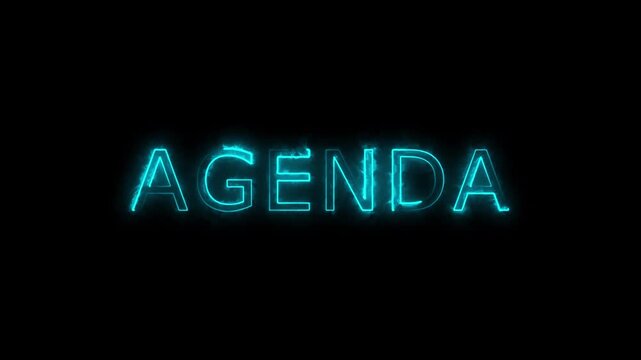 glowing neon agenda text animation neon agenda sign. Agenda text represents planning, organization,Black Background 4K Loop Motion Graphics..