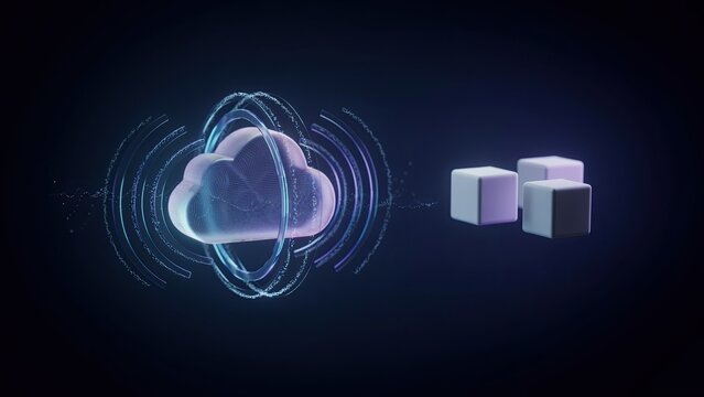 Cloud icon rotates inside circular light rings next to floating geometric cubes in this digital computing concept art.