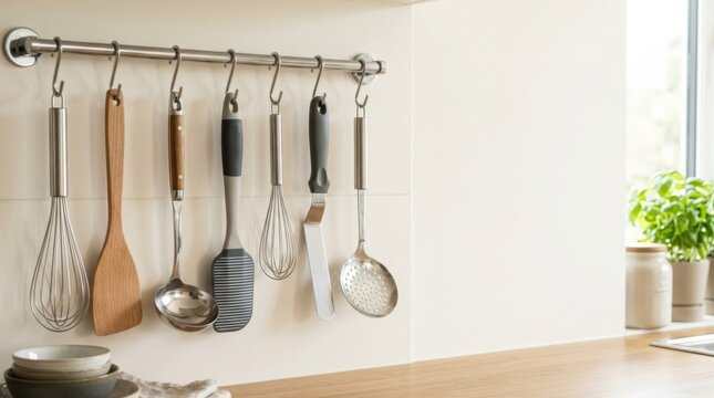Kitchen utensils neatly hung on a chrome rack, offering ample copy space for culinary or home decor concepts
