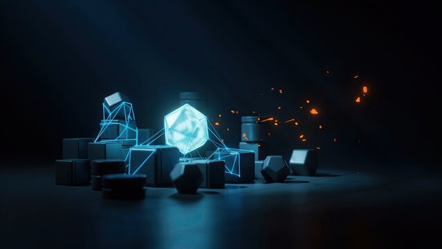 Polyhedron emits bright internal blue light while surrounded by floating geometric cubes and small glowing embers.