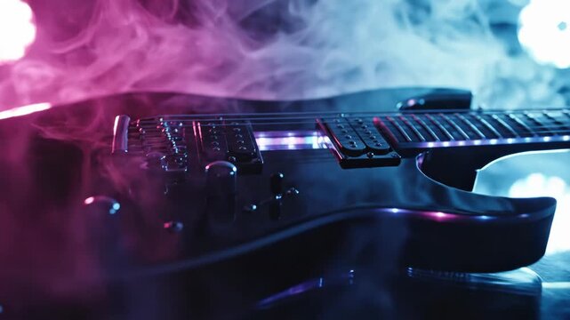 Black electric guitar featuring integrated pink and blue neon LED lights resting on a reflective surface with dramatic swirling smoke effects and stage background bokeh.