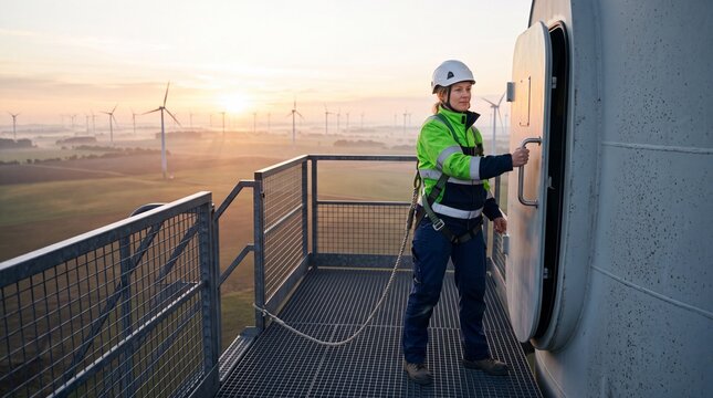 Windkrafttechnikerin sichert Serviceklappe auf Plattform im Windpark