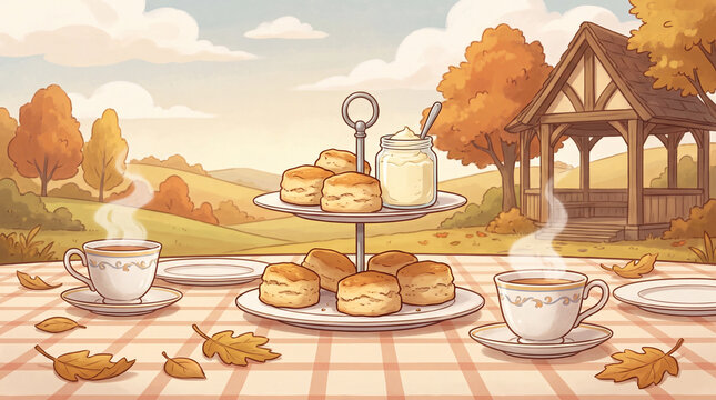 continuous background showing an elegant autumn tea party with porcelain cups of hot tea warm baked scones thick clotted cream and fallen yellow leaves resting on the table cloth