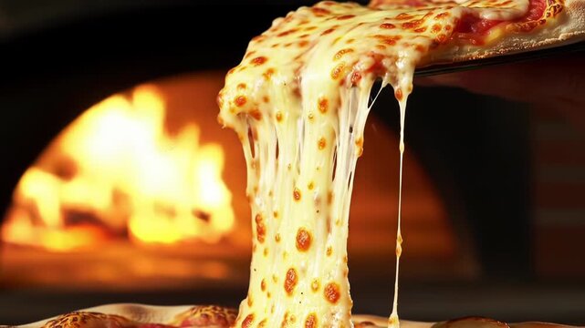 Close-up of a slice of artisan cheese pizza being lifted with a long cheese pull of melted mozzarella, featuring a wood-fired brick oven with a glowing fire in the background.