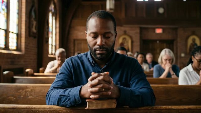 Man prays in church, hands clasped over Bible. He sits in wooden pew, eyes closed. Soft light streams through stained glass. Other attendees pray quietly nearby. Wooden pews and warm tones fill space