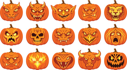 Naklejka premium Halloween pumpkins with various spooky faces