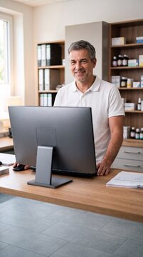 Apotheker pr&uuml;ft Daten am Bildschirm hinter der Theke