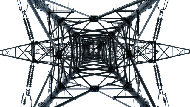 Isolated high-voltage electricity pylon tower framework, intricate metal grid against bright sky