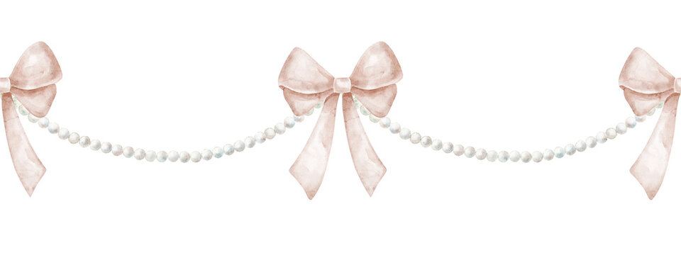 Watercolor seamless border with pastel pink bows and pearl garland. Illustration of pattern with Ribbons and white beads in romantic vintage style. Art for wedding stationery, feminine invitations.