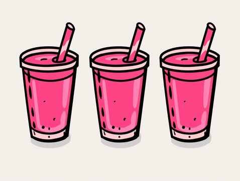 Three pink drinks with straws in a cartoon style