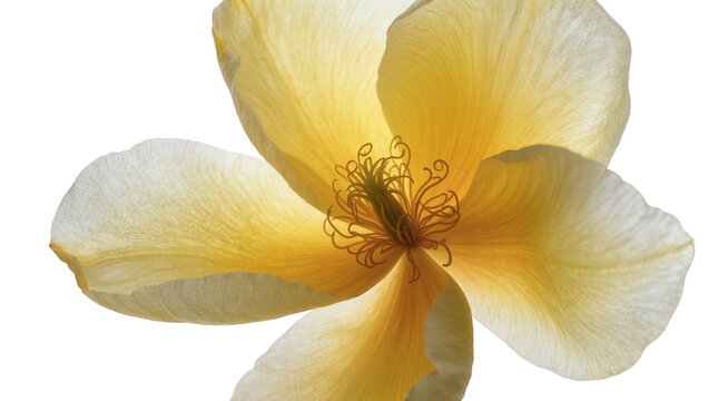 Isolated vibrant yellow flower with delicate translucent petals and intricate stamens, close up