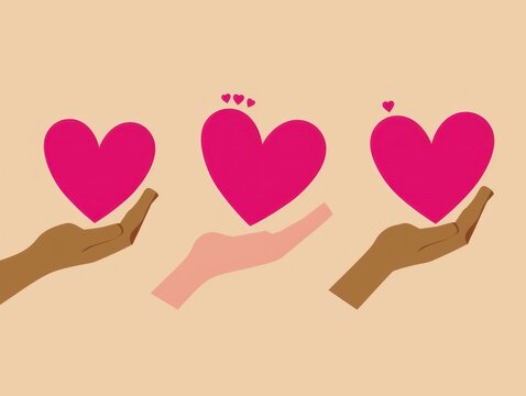 Three hands each holding a vibrant pink heart symbolizing love