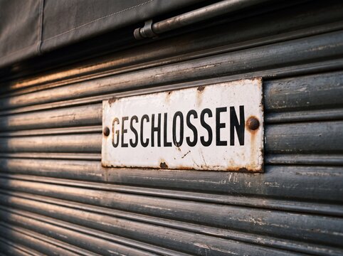 Geschlossen Schild an Rollladen einer B&auml;ckerei am Abend