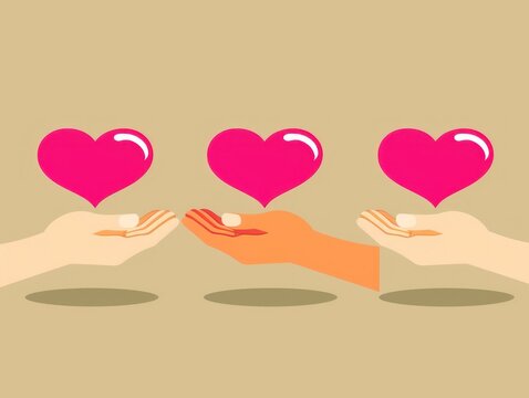 Three hands gently holding pink hearts, symbolic gesture of love