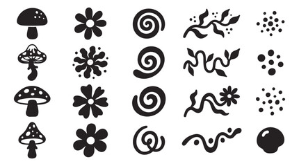 Black magic mushroom flower and spiral doodle icon set vector illustration isolated on white background © selena