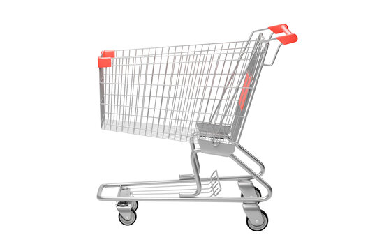 Shopping Cart on Isolated White Background, Empty Metal Trolley for Retail and Commerce, 3D Render