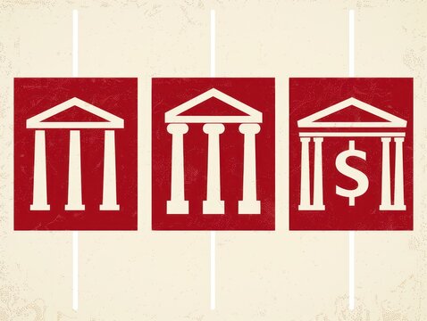 Three red hanging signs each featuring classical columns and a roof
structure with slight variations, some columns and dollar symbol in top right sign