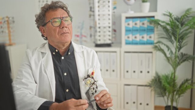 Man optician wearing white coat holds eyeglasses and points with hand near face while seated at a computer with trial frame and eye chart in clinic building; professional reassurance.