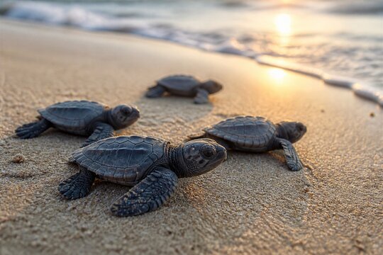 Four baby turtles move across the sand at the beach. The sun is setting, and the waves are gently crashing nearby. The scene shows the start of their journey to the ocean.