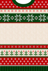 Obraz premium Winter knitted texture template with text space for holiday greeting card, party invitation, advertising banner. Festive traditional ornament background, red, green, white colors.