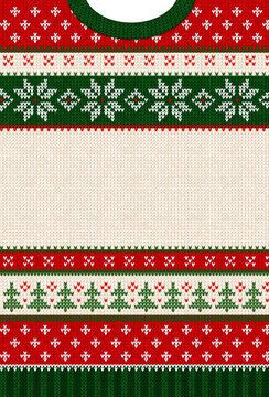 Winter knitted texture template with text space for holiday greeting card, party invitation, advertising banner. Festive traditional ornament background, red, green, white colors.