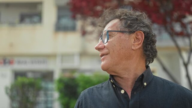 Man wearing glasses turns head to right on a street, profile view with slight smile, visible face and curly hair, button shirt near building facade and red leaf tree; calm contemplation.